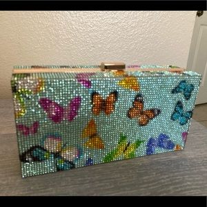 Rhinestone blue butterfly clutch